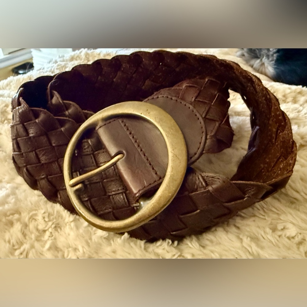 Banana Republic Braided Brown Leather Belt with Brass Round Buckle